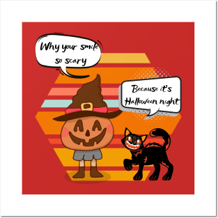 Pumpkin and Black Cat Scary Halloween Posters and Art